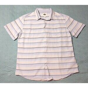 Quicksilver Mens L Short Sleeve Light Grey Blue & White Stripes Button-Up Pocket